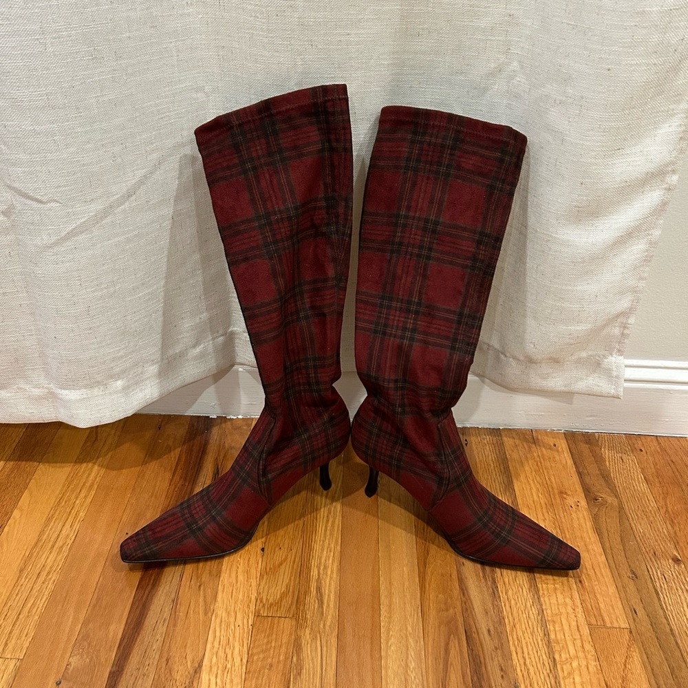 Donald Pliner Plaid Red Knee-High Pointed Toe Women's Boots